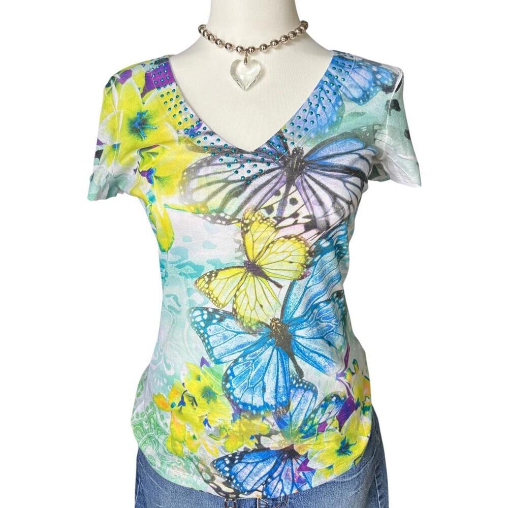 y2k multicolor butterfly graphic tee with rhinestone neckline